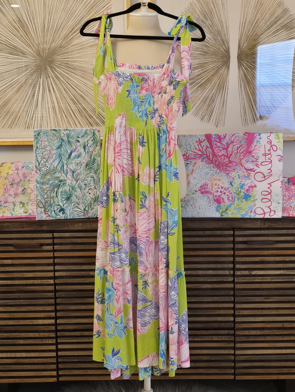 Lilly Pulitzer Rivera Smocked Midi Dress Matcha Green Boho Babe Neon Tie Straps